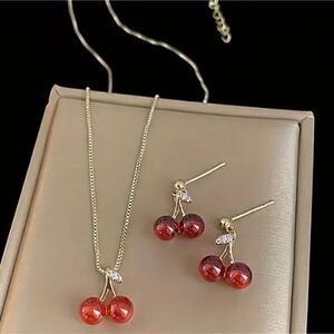 Golden Red Cherry Set Pendant Necklace and Earrings